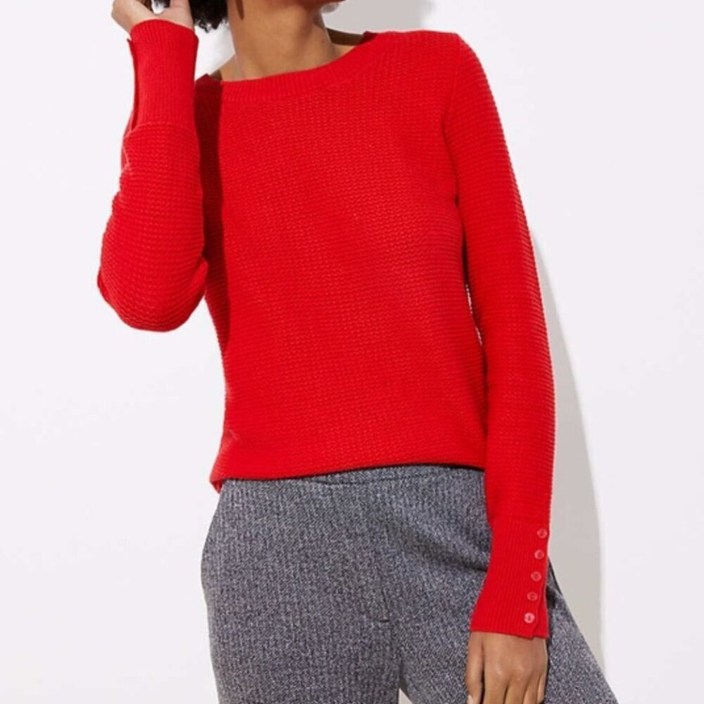 ANN TAYLOR LOFT Textured Button Cuff Sweater Bright Red 100% Cotton Crew Neck M